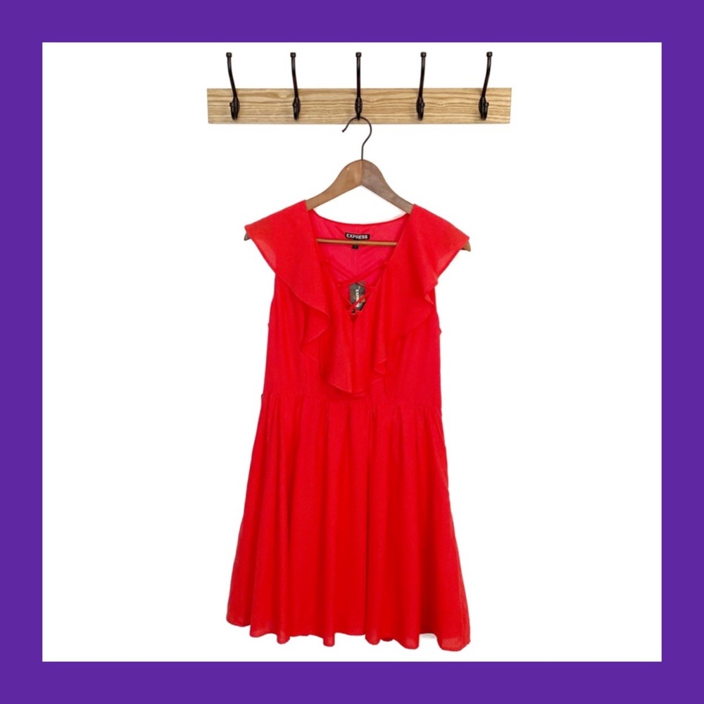 EXPRESS Bright Orange Red Ruffle Neck Dress 8 NWT